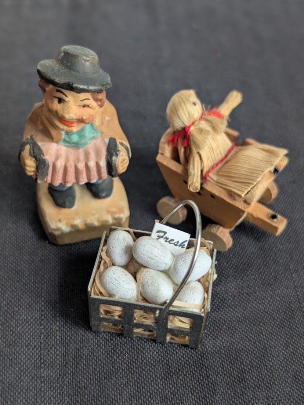 Lot of 3 Vintage Miniature Figurines & Eggs in Basket